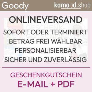 Información textual sobre la oferta Cheque regalo digital con el siguiente contenido: Envío en línea, inmediato o programado, importe libremente seleccionable, personalizable, seguro y fiable. Correo electrónico y PDF. Producto de la tienda komood.shop.