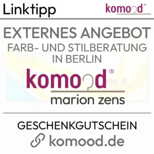 Texto informativo sobre la oferta externa de un cheque regalo para una consulta de color y estilo en Berlín. Producto de la tienda komood.shop.