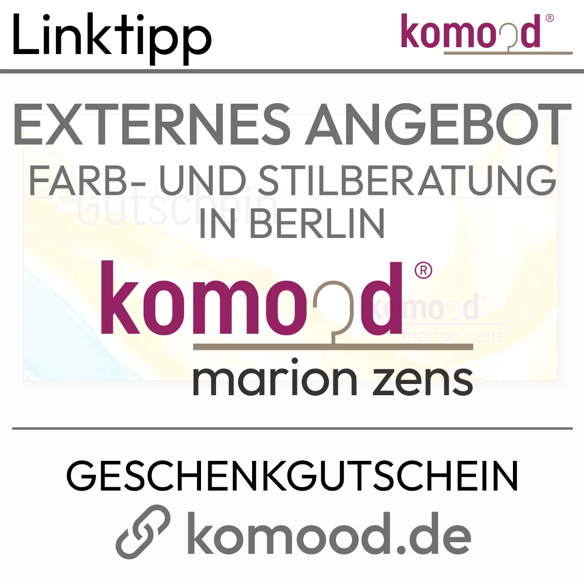 Texto informativo sobre la oferta externa de un cheque regalo para una consulta de color y estilo en Berlín. Producto de la tienda komood.shop.