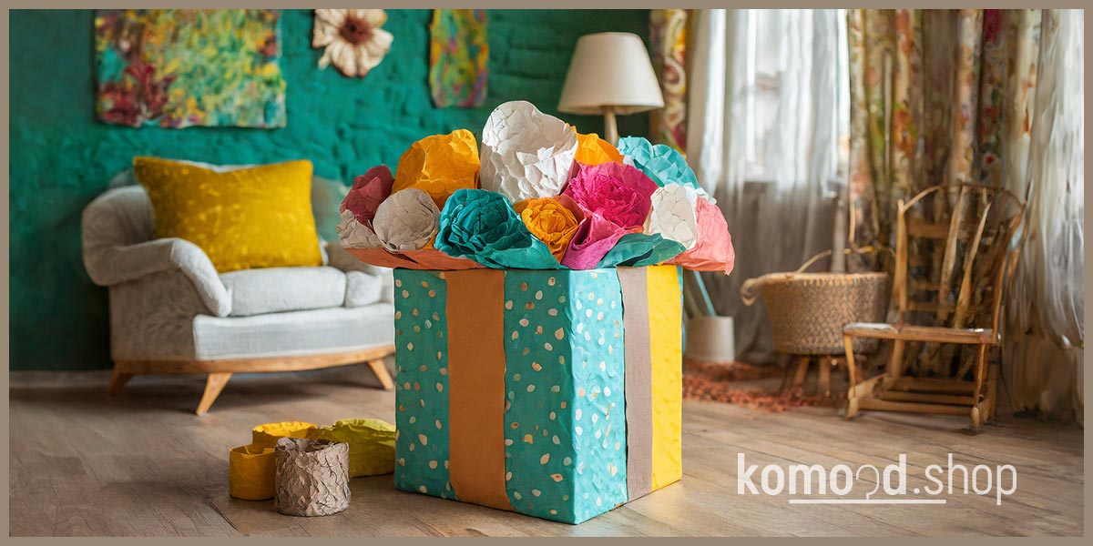 Abbildung eines Geschenkgutscheins mit Geschenkmotiv. Im Hintergrund ist ein Wohnzimmer im sommerlichen Stil zu sehen. Angebot aus dem komood.shop.