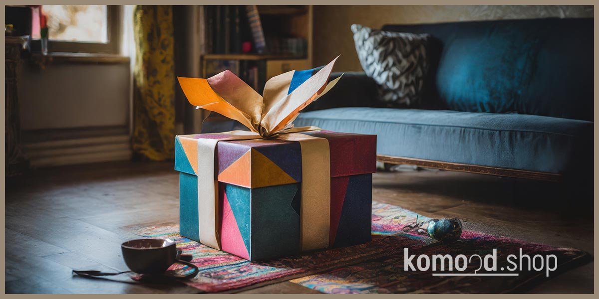 Abbildung eines Geschenkgutscheins mit Geschenkmotiv. Im Hintergrund ist ein gemütliches Wohnzimmer in dunklen Farben zu sehen. Angebot aus dem komood.shop.