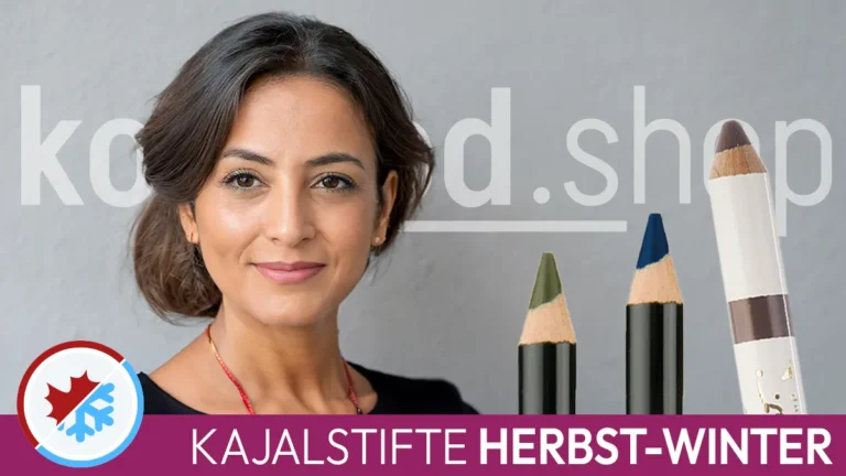The portrait of a woman with brown hair and the typical facial features of an autumn-winter type next to three suitable coloured eyeliner pencils. In front is the Komood symbol for the autumn-winter colour type and the inscription Kajal pencils autumn-winter.