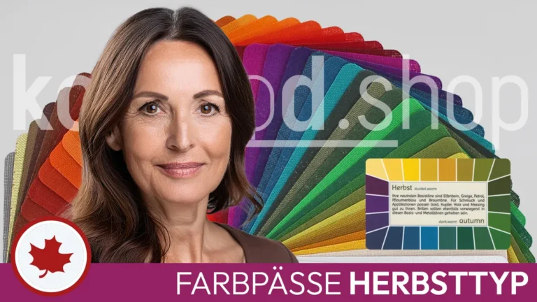 the portrait of a woman with brown hair and the typical facial features of an autumn type next to a Loop series card colour passport in front of an open Neo XL series colour fan as well as the Komood symbol for the autumn colour type and the inscription Autumn type colour passports