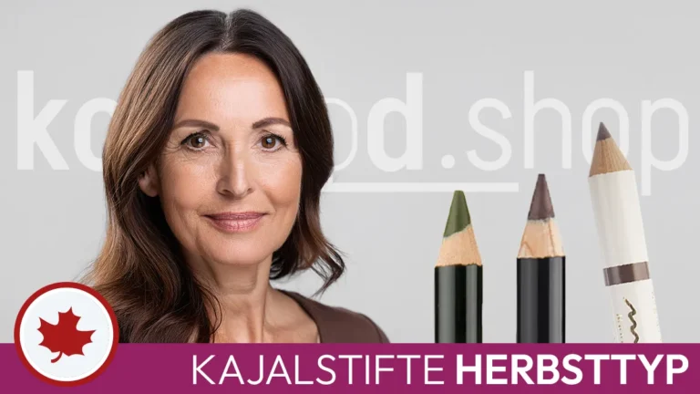 the portrait of a woman with brown hair and the typical facial features of an autumn type next to three suitable coloured eyeliner pencils in front of the Komood symbol for the autumn colour type and the inscription Autumn type eyeliner pencils