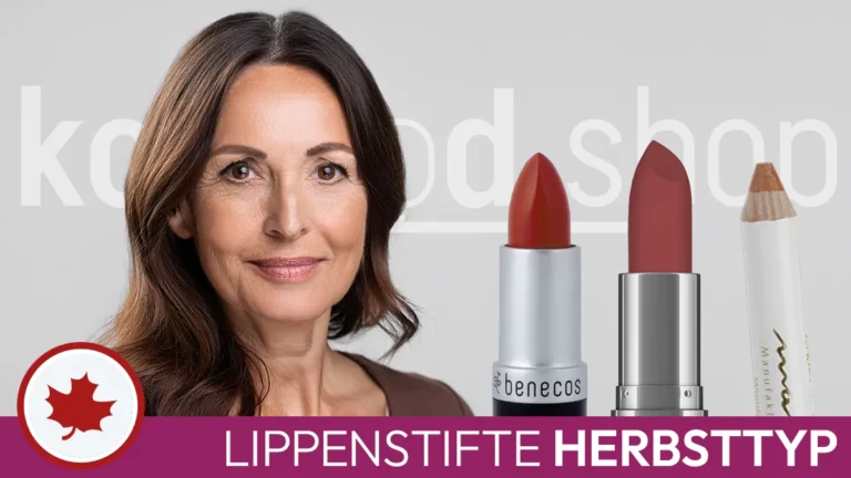 the portrait of a woman with brown hair and the typical facial features of an autumn type next to three open lipsticks in suitable colours in front of the Komood symbol for the autumn colour type and the inscription Lipsticks autumn type