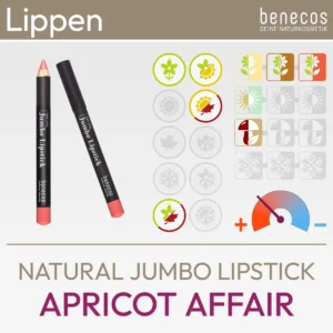 Imagen del producto Natural Jumbo Lipstick Apricot Affair de benecos que consiste en una imagen del producto y un resumen de los símbolos de Komood, que representan los tipos de color correspondientes del sistema de tipos de 10 colores y del sistema de tipos de 12 colores para esta barra de labios. Producto de la tienda komood.shop.