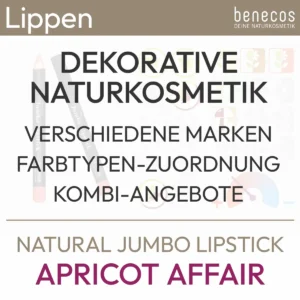 Información de texto para el producto Natural Jumbo Lipstick Apricot Affair de la marca benecos con el siguiente contenido: Cosmética natural decorativa, varias marcas, asignación de tipo de color, ofertas combinadas. Producto de la tienda komood.shop.