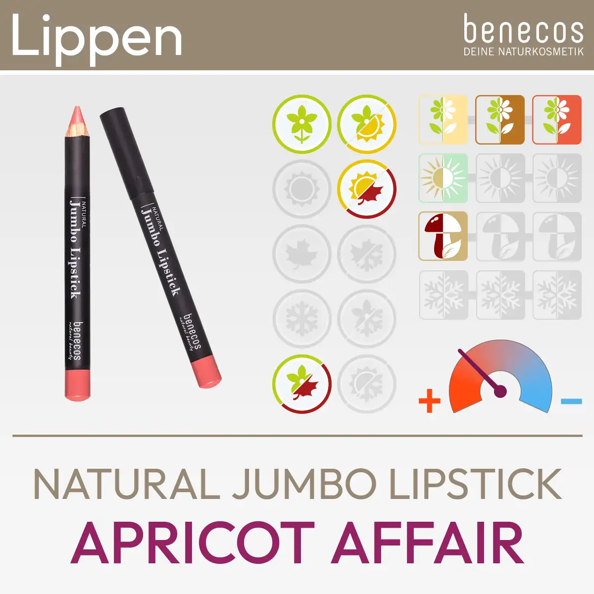 Imagen del producto Natural Jumbo Lipstick Apricot Affair de benecos que consiste en una imagen del producto y un resumen de los símbolos de Komood, que representan los tipos de color correspondientes del sistema de tipos de 10 colores y del sistema de tipos de 12 colores para esta barra de labios. Producto de la tienda komood.shop.