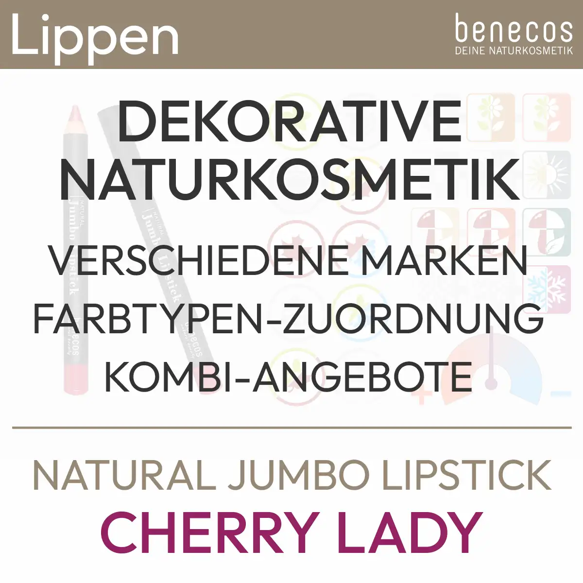 Informations textuelles sur l'offre Natural Jumbo rouge à lèvres Cherry Lady de la marque benecos contenu suivant : Cosmétique naturelle décorative, différentes marques, correspondance des types de couleurs, offres combinées. Produit de la boutique komood.shop.