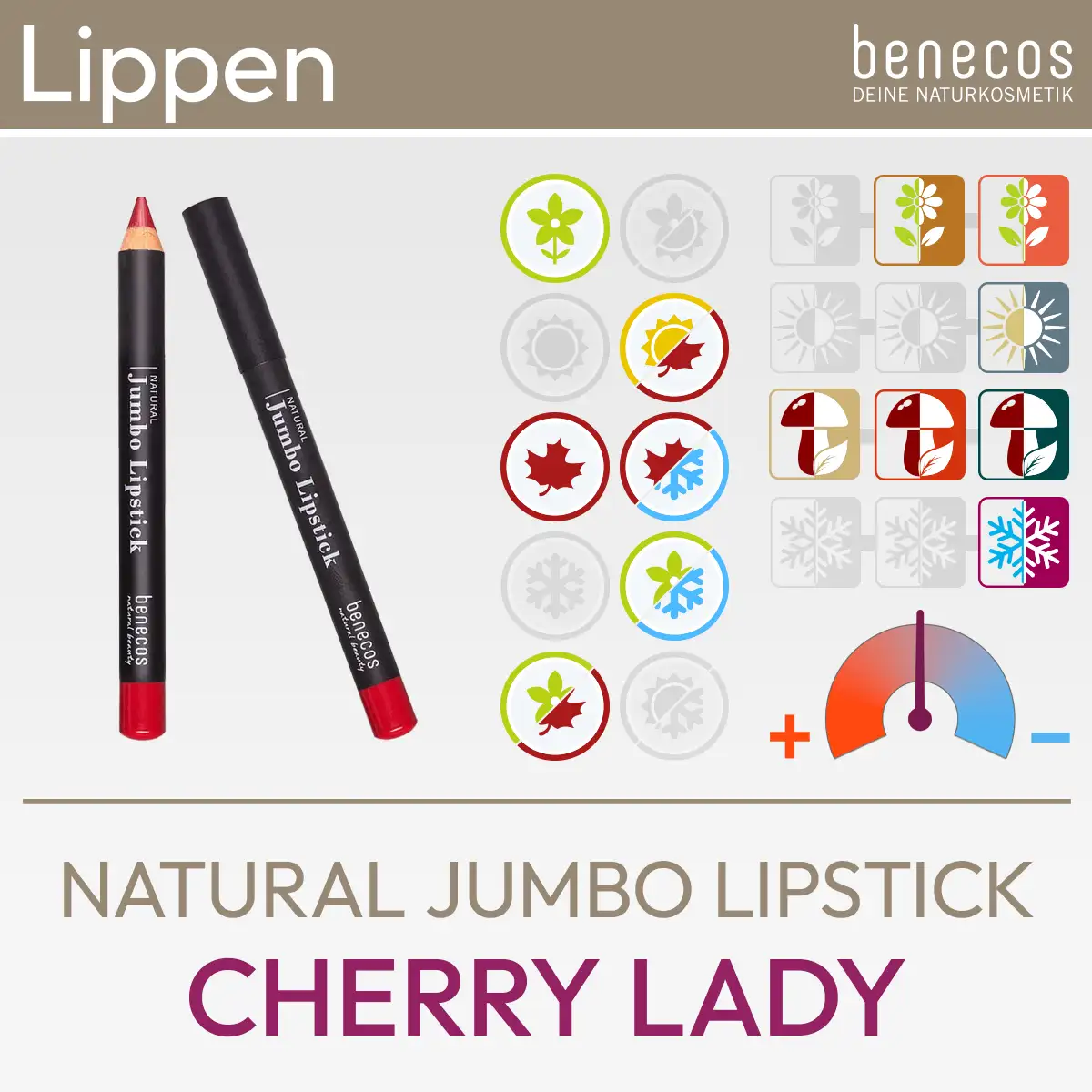 Présentation du produit pour le rouge à lèvres Natural Jumbo Cherry Lady de la marque benecos, composée d'une image du produit et d'un aperçu des symboles Komood pour lesquels ce rouge à lèvres convient particulièrement bien du point de vue de la couleur dans le système des 10 types de couleurs et dans le système des 12 types de couleurs. Produit de la boutique komood.shop.