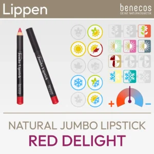 Imagen del producto Natural Jumbo Lipstick Red Delight de benecos que consiste en una imagen del producto y un resumen de los símbolos de Komood, que representan los tipos de color correspondientes del sistema de tipos de 10 colores y del sistema de tipos de 12 colores para esta barra de labios. Producto de la tienda komood.shop.
