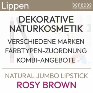 Texto de información para el producto Natural Jumbo Lipstick Rosy Brown de la marca benecos con el siguiente contenido: Cosmética natural decorativa, diferentes marcas, asignación de tipo de color, ofertas combinadas. Producto de la tienda komood.shop.