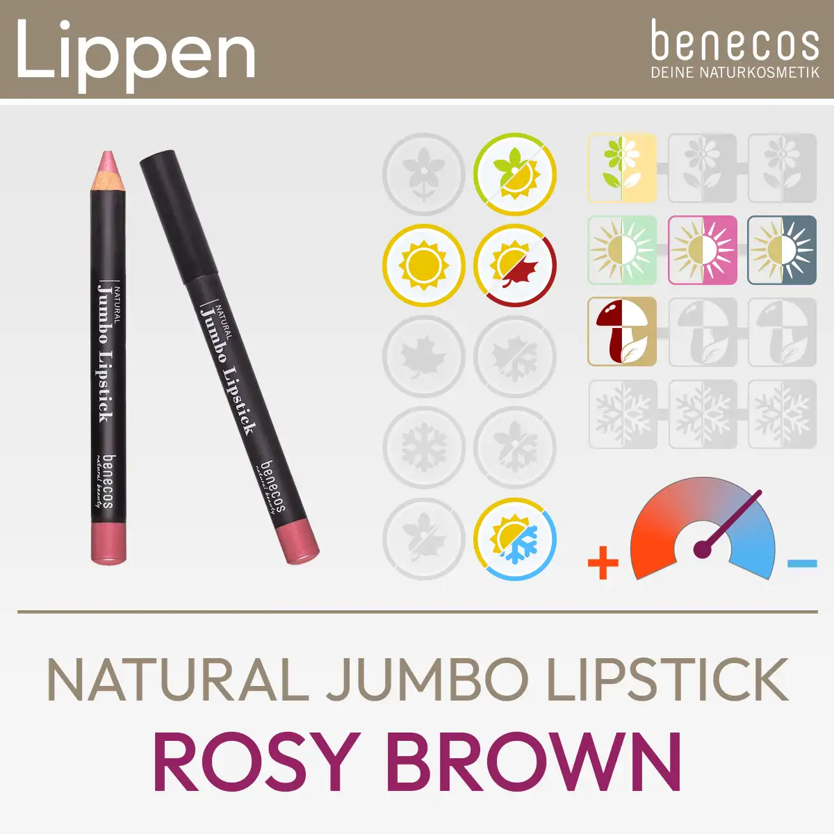 Ilustración para la barra de labios Natural Jumbo Rosy Brown de benecos que consiste en una imagen del producto y un resumen de los símbolos de Komood a qué tipos de color del sistema de 10 y 12 colores se corresponde especialmente bien esta barra de labios en términos de color. Producto de la tienda komood.shop.
