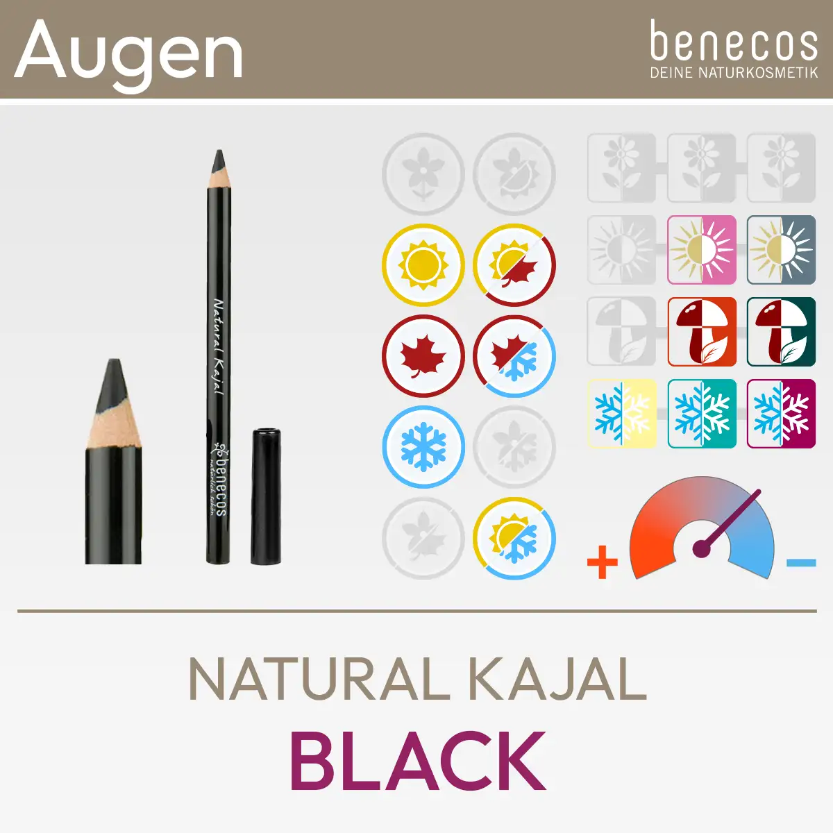 Immagine del prodotto per il Natural Kajal Black del marchio benecos, composta da un'immagine del prodotto e da una panoramica dei simboli Komood che mostrano i tipi di colore corrispondenti del sistema di 10 tipi di colore e 12 tipi di colore per questo rossetto. Prodotto del komood.shop.