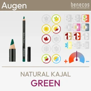 Presentación de producto para el Natural Kajal Green de la marca benecos que consiste en una imagen del producto y un resumen de los símbolos Komood, que representan los tipos de color correspondientes del sistema de tipos de 10 colores y del sistema de tipos de 12 colores para esta barra de labios. Producto de la tienda komood.shop.
