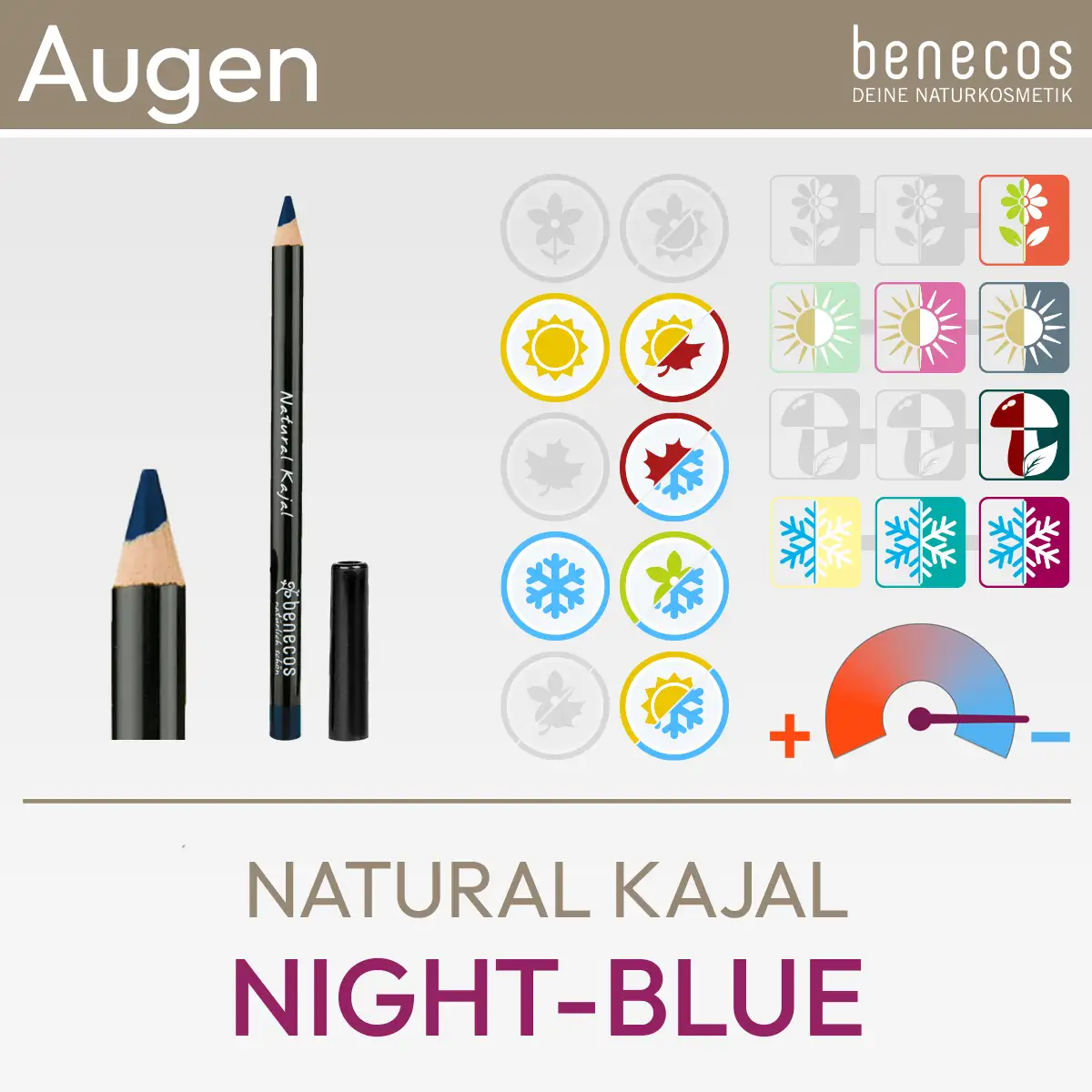 Imagen de producto para el Natural Kajal Night-Blue de la marca benecos que consiste en una imagen de producto y un resumen de los símbolos de komood para qué tipos de color del sistema de tipos de 10 colores y del sistema de tipos de 12 colores este pintalabios combina particularmente bien en términos de color. Producto de la tienda komood.shop.
