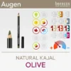 Presentazione del prodotto per il Natural Kajal Olive di benecos, composta da un'immagine del prodotto e da una panoramica dei simboli komood, che rappresentano i tipi di colore del sistema di 10 colori e del sistema di 12 colori che sono particolarmente adatti a questo rossetto in termini di colore. Prodotto del komood.shop.