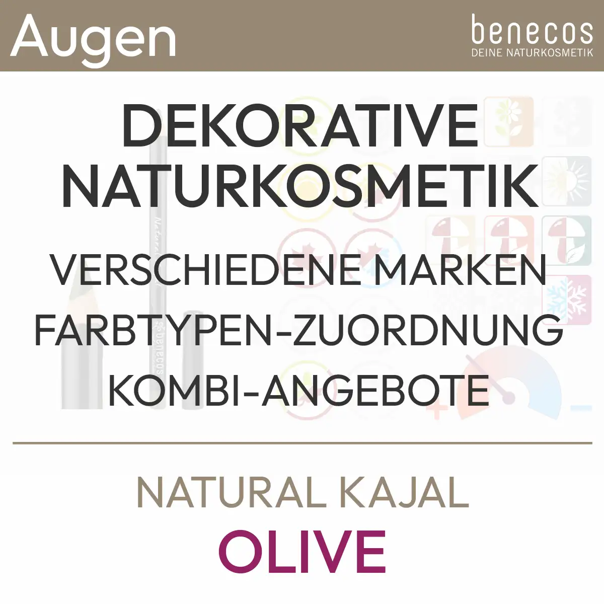 Informazioni testuali per l'offerta Natural Kajal Olive del marchio benecos con il seguente contenuto: Cosmetici naturali decorativi, vari marchi, assegnazione del tipo di colore, offerte combinate. Prodotto del komood.shop.