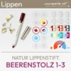 Imagen de producto de la barra de labios natural Beerenstolz 1-3 de la marca marie w. que consiste en una imagen de producto y un resumen de los símbolos komood para qué tipos de color del sistema de tipos de 10 colores y del sistema de tipos de 12 colores esta barra de labios es especialmente adecuada en términos de color. Producto de la tienda komood.shop.
