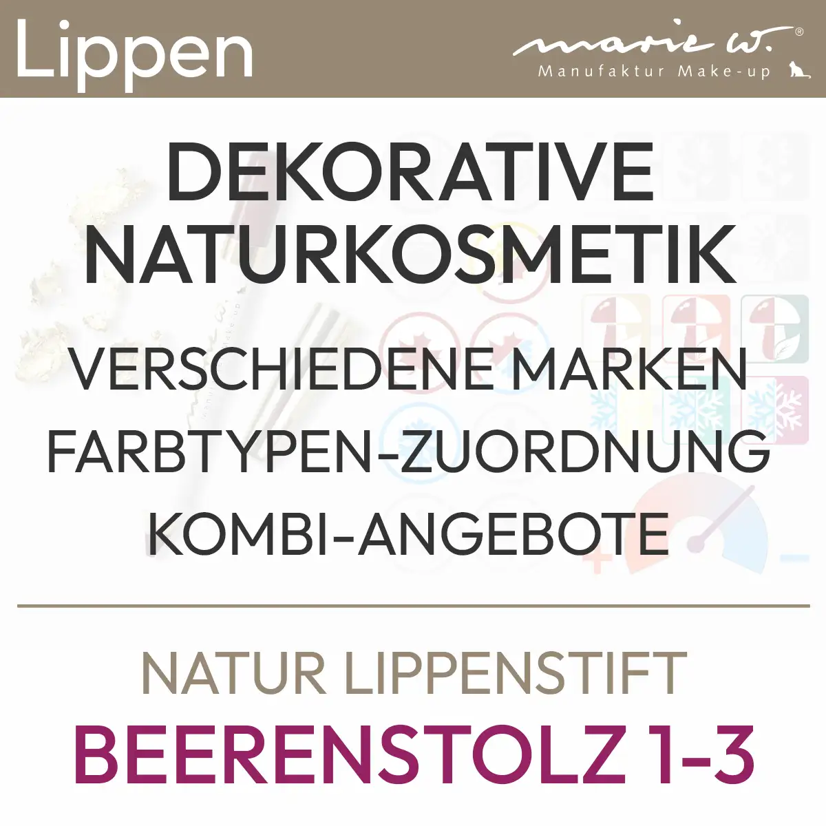 Información de texto sobre la oferta Pintalabios Natural Berry Pride 1-3 de la marca marie w. con el siguiente contenido: Cosmética natural decorativa, varias marcas, asignación de tipo de color, ofertas combinadas. Producto de la tienda komood.shop.