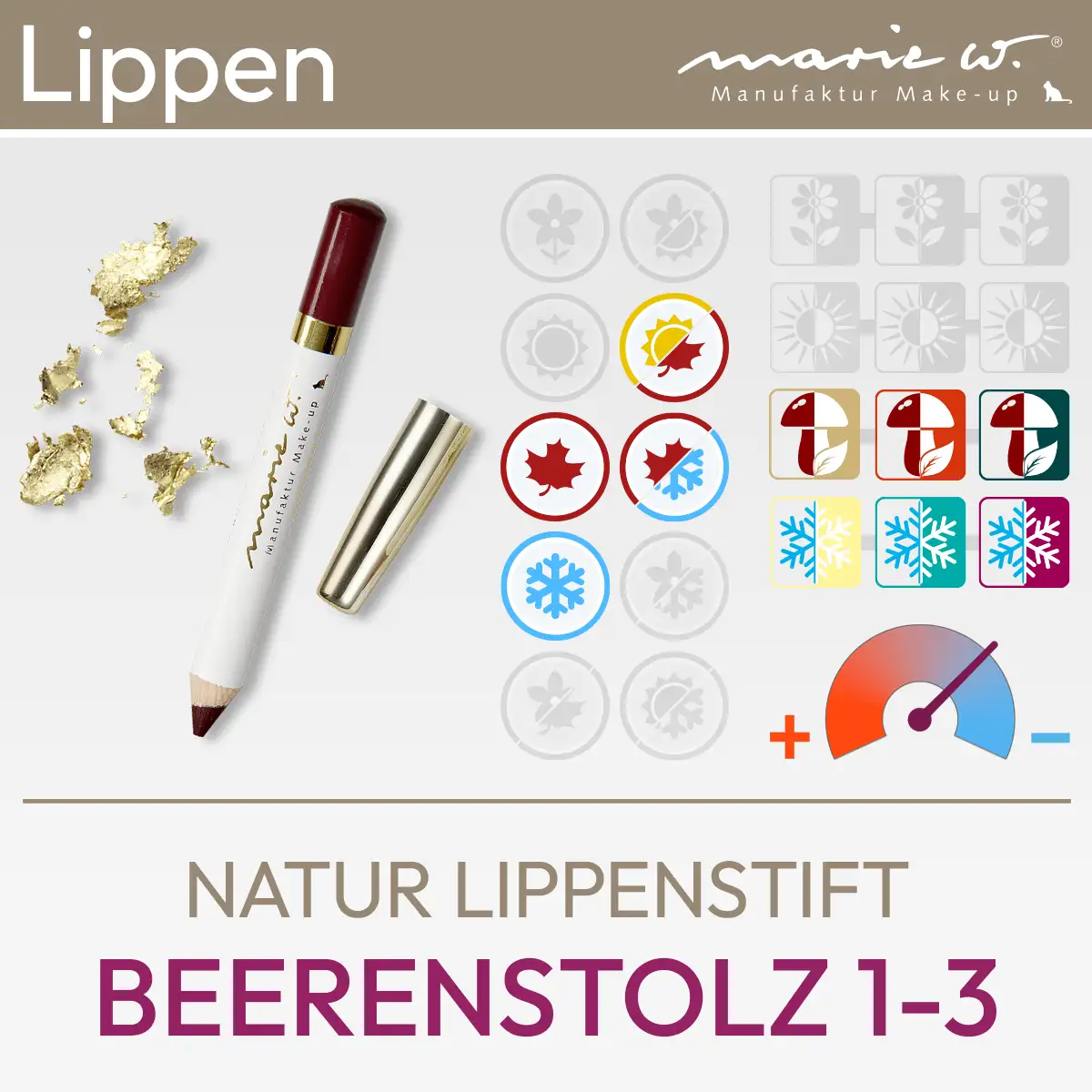Imagen de producto de la barra de labios natural Beerenstolz 1-3 de la marca marie w. que consiste en una imagen de producto y un resumen de los símbolos komood para qué tipos de color del sistema de tipos de 10 colores y del sistema de tipos de 12 colores esta barra de labios es especialmente adecuada en términos de color. Producto de la tienda komood.shop.