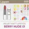 Immagine del prodotto per il Velvet Matt Lipstick Berry Nude 01 di lavera composta da un'immagine del prodotto e da una panoramica dei simboli Komood a quali tipi di colore del sistema di 10 tipi di colore e del sistema di 12 tipi di colore questo rossetto corrisponde particolarmente bene in termini di colore. Prodotto del komood.shop.