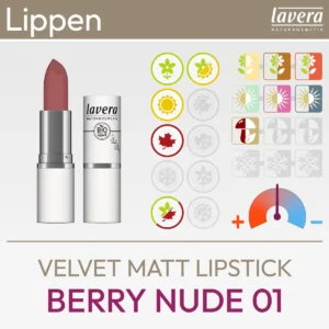 Imagen del producto Velvet Matt Lipstick Berry Nude 01 de lavera que consiste en una imagen del producto y una visión general de los símbolos de Komood a qué tipos de color del sistema de 10 tipos de color y del sistema de 12 tipos de color se corresponde especialmente bien esta barra de labios en términos de color. Producto de la tienda komood.shop.