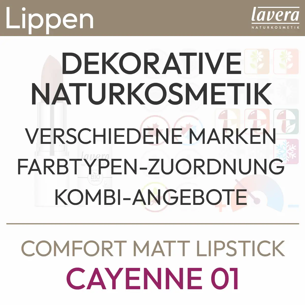 Informazioni testuali per l'offerta Comfort Matt Lipstick Cayenne 01 del marchio lavera contenente le seguenti informazioni: Cosmetici naturali decorativi, varie marche, assegnazione del tipo di colore, offerte combinate. Prodotto del komood.shop.