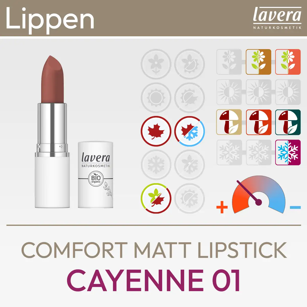 Presentazione del prodotto per il rossetto Comfort Matt Cayenne 01 di lavera, composta da un'immagine del prodotto e da una panoramica dei simboli Komood per quali tipi di colore del sistema di 10 colori e del sistema di 12 colori questo rossetto è particolarmente adatto in termini di colore. Prodotto del komood.shop.