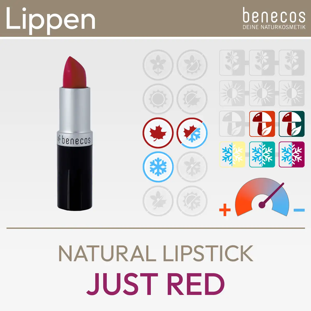 Illustration de produit pour le rouge à lèvres Natural Just Red de benecos composée d'une image de produit et d'un aperçu de symboles Komood représentant les types de couleur correspondants du système des 10 types de couleur et du système des 12 types de couleur. Produit de la boutique komood.shop.