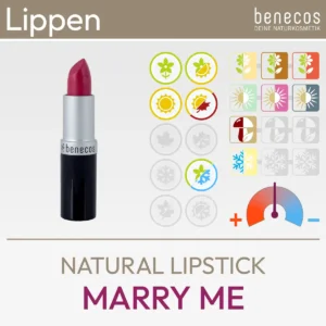 Imagen de producto para la barra de labios natural Marry Me de benecos que consiste en una imagen de producto y una descripción de los símbolos de Komood para qué tipos de color del sistema de tipos de 10 colores y del sistema de tipos de 12 colores esta barra de labios es particularmente adecuada en términos de color. Producto de la tienda komood.shop.