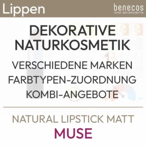 Barra de labios natural "Muse" de benecos de la gama de cosmética natural decorativa. Incluye asignación de tipo de color y ofertas de combinación. Producto de la tienda komood.shop.