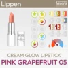 Image de produit pour le Cream Glow Lipstick Pink Grapefruit 05 de lavera composée d'une image de produit et d'un aperçu de symboles Komood représentant les types de couleur correspondants du système des 10 types de couleur et des 12 types de couleur pour ce rouge à lèvres. Produit de la boutique komood.shop.