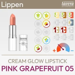 Immagine del prodotto per il rossetto Cream Glow Pink Grapefruit 05 di lavera composta da un'immagine del prodotto e da una panoramica dei simboli Komood, che rappresentano i tipi di colore corrispondenti del sistema di 10 tipi di colore e 12 tipi di colore per questo rossetto. Prodotto del komood.shop.