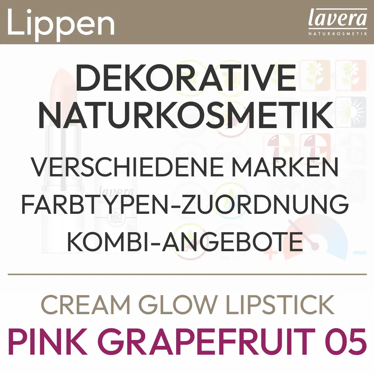 Informations textuelles sur l'offre Cream Glow Lipstick Pink Grapefruit 05 de la marque lavera contenu suivant : Cosmétiques naturels décoratifs, différentes marques, correspondance des types de couleurs, offres combinées. Produit issu de la boutique komood.shop.