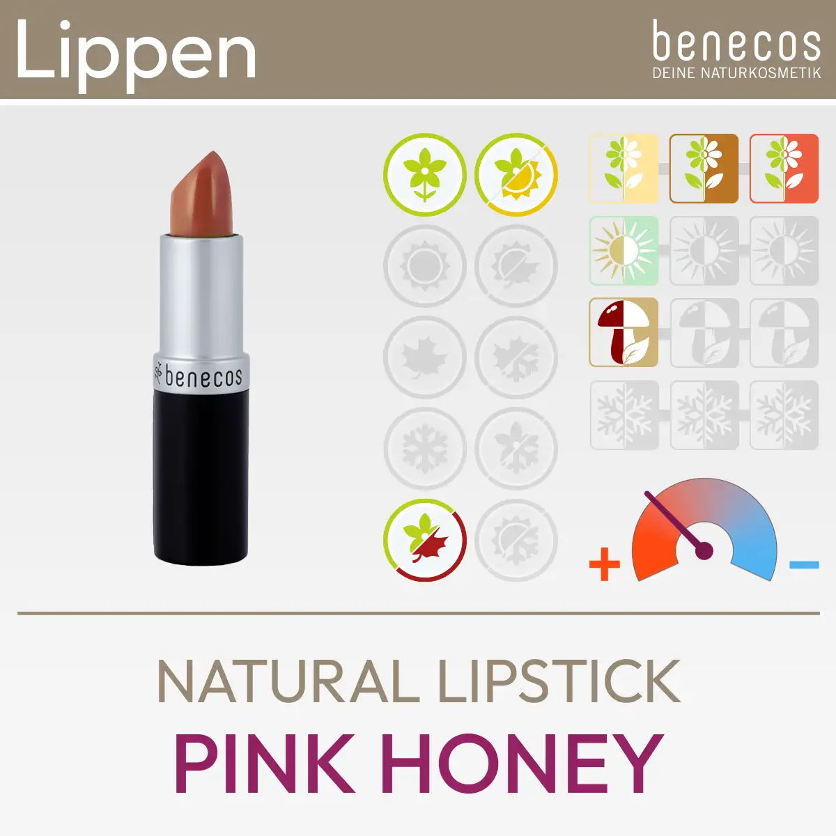 Imagen de producto de la Barra de Labios Natural Miel Rosa de benecos que consiste en una imagen de producto y un resumen de los símbolos de Komood, qué tipos de color del sistema de 10 tipos de color y 12 tipos de color combinan especialmente bien con esta barra de labios en términos de color. Producto de la tienda komood.shop.