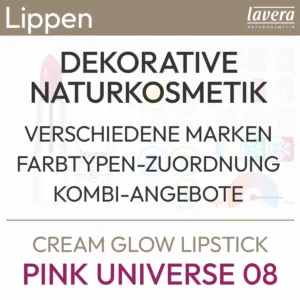 Informazioni testuali per l'offerta Cream Glow Lipstick Pink Universe 08 del marchio lavera contenente le seguenti informazioni: Cosmetici naturali decorativi, varie marche, assegnazione del tipo di colore, offerte combinate. Prodotto del komood.shop.