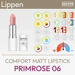 Presentación del producto Barra de labios mate confort Primrose 06 de lavera que consiste en una imagen del producto y un resumen de los símbolos de Komood para qué tipos de color del sistema de 10 tipos de color y del sistema de 12 tipos de color es especialmente adecuada esta barra de labios en términos de color. Producto de la tienda komood.shop.