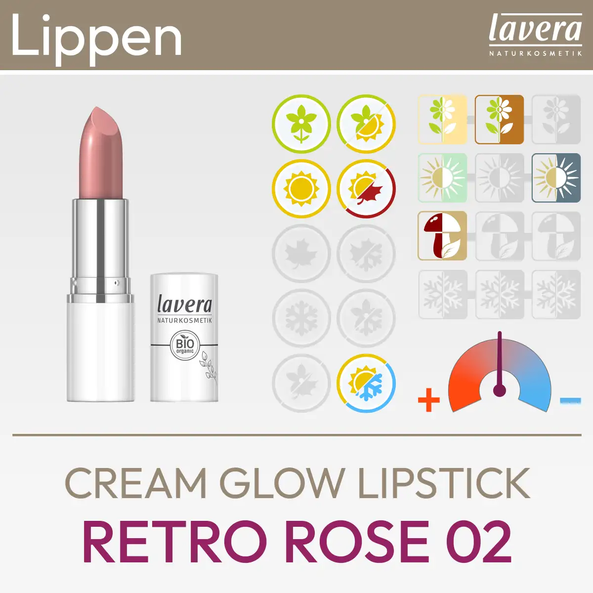 Imagen de producto de la barra de labios Cream Glow Lipstick Retro Rose 02 de lavera consistente en una imagen de producto y un resumen de los símbolos de Komood, que representan los tipos de color correspondientes del sistema de 10 y 12 tipos de color para esta barra de labios. Producto de la tienda komood.shop.