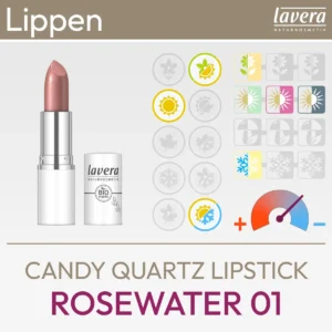 Immagine del prodotto per il Candy Quartz Lipstick Rosewater 01 di lavera composta da un'immagine del prodotto e da una panoramica dei simboli Komood, che rappresentano i tipi di colore corrispondenti del sistema di 10 tipi di colore e 12 tipi di colore per questo rossetto. Prodotto del komood.shop.