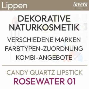 Informazioni testuali sull'offerta Candy Quartz Lipstick Rosewater 01 del marchio lavera con il seguente contenuto: Cosmetici naturali decorativi, varie marche, assegnazione del tipo di colore, offerte combinate. Prodotto del komood.shop.