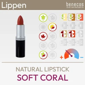 Imagen de producto de la Barra de Labios Natural Soft Coral de la marca benecos que consiste en una imagen de producto y una visión general de los símbolos Komood a qué tipos de color del sistema de 10 y 12 tipos de color se ajusta especialmente bien esta barra de labios en términos de color. Producto de la tienda komood.shop.