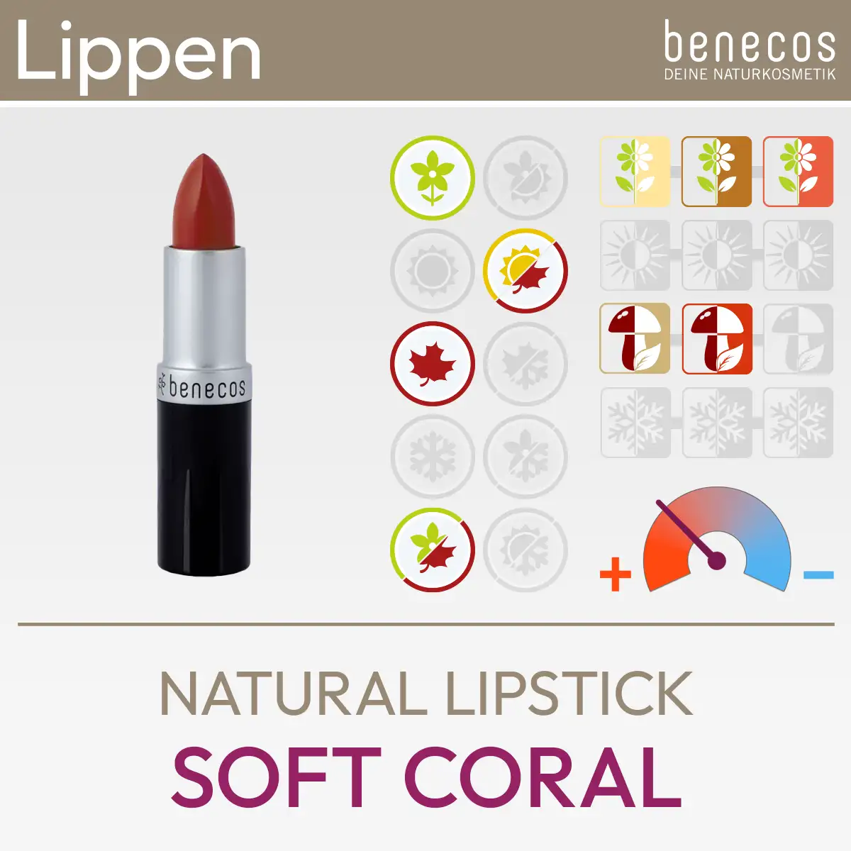 Imagen de producto de la Barra de Labios Natural Soft Coral de la marca benecos que consiste en una imagen de producto y una visión general de los símbolos Komood a qué tipos de color del sistema de 10 y 12 tipos de color se ajusta especialmente bien esta barra de labios en términos de color. Producto de la tienda komood.shop.