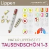 Produktabbildung für den Natur Lippenstift Tausendschön 1-3 der Marke marie w. bestehend aus einem Produktbild und einer Übersicht aus Komood-Symbolen, welche die passenden Farbtypen aus dem 10-Farbtypen-System und aus dem 12-Farbtypen-System für diesen Lippenstift darstellt. Produkt aus dem komood.shop.