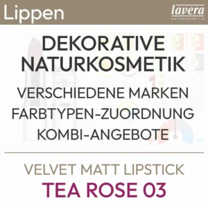 Descripción del producto Velvet Matt Lipstick Tea Rose 03 de lavera con el siguiente contenido: Cosmética natural decorativa, varias marcas, asignación de tipo de color, ofertas combinadas. Producto de la tienda komood.shop.