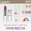Image de produit pour le rouge à lèvres Velvet Matt Vivid Red 04 de la marque lavera composée d'une image de produit et d'un aperçu de symboles Komood représentant les types de couleurs correspondants du système des 10 types de couleurs et du système des 12 types de couleurs pour ce rouge à lèvres. Produit de la boutique komood.shop.