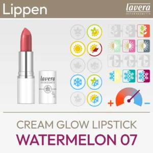 Presentación de producto para la barra de labios Cream Glow Lipstick Watermelon 07 de lavera que consiste en una imagen del producto y una descripción de los símbolos de Komood para qué tipos de color del sistema de 10 tipos de color y del sistema de 12 tipos de color es especialmente adecuada esta barra de labios en términos de color. Producto de la tienda komood.shop.