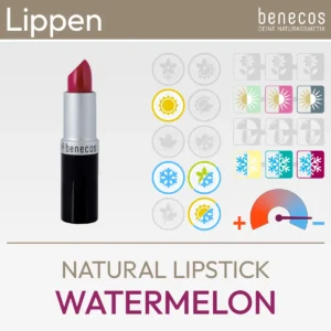Immagine del prodotto per il rossetto naturale Watermelon di benecos, che consiste in un'immagine del prodotto e in una panoramica dei simboli Komood per quali tipi di colore del sistema di 10 colori e del sistema di 12 colori questo rossetto è particolarmente adatto in termini di colore. Prodotto del komood.shop.