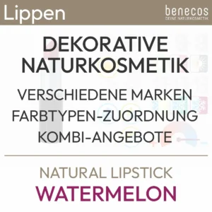 Rossetto naturale "Anguria" di benecos dalla gamma di cosmetici naturali decorativi. Inclusa l'assegnazione del tipo di colore e le offerte di combinazione. Prodotto del komood.shop.