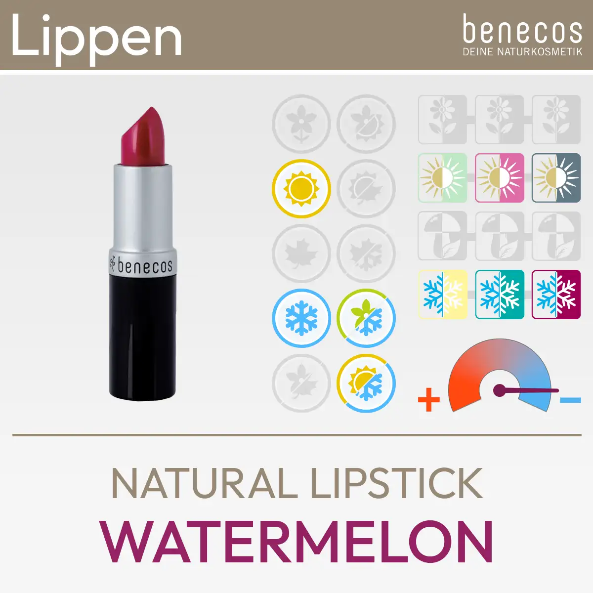 Imagen de producto de la Barra de Labios Natural Watermelon de benecos que consiste en una imagen de producto y un resumen de los símbolos de Komood para qué tipos de color del sistema de tipos de 10 colores y del sistema de tipos de 12 colores esta barra de labios es particularmente adecuada en términos de color. Producto de la tienda komood.shop.